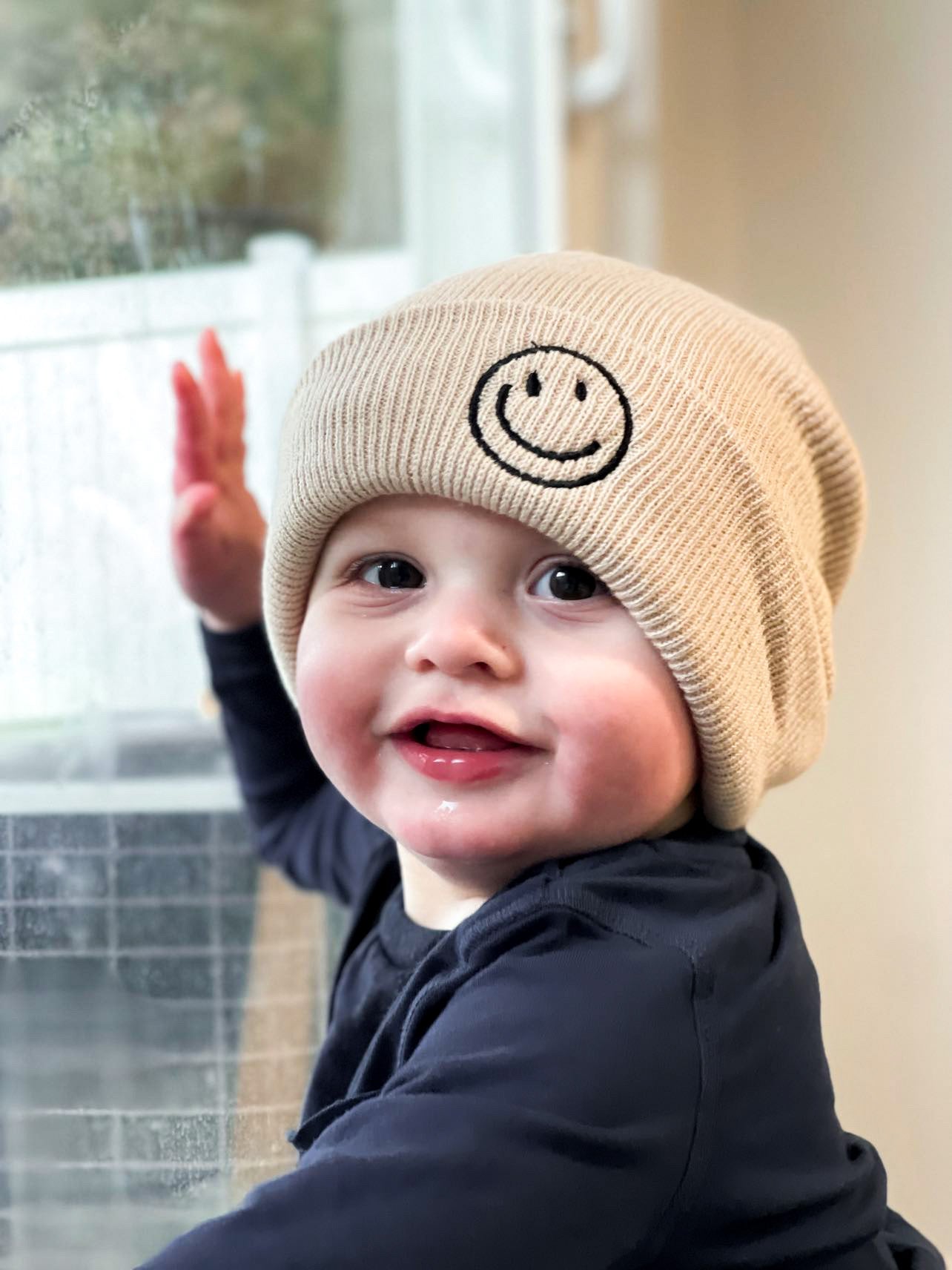 Black or Tan Embroidered Smiley Face Beanie