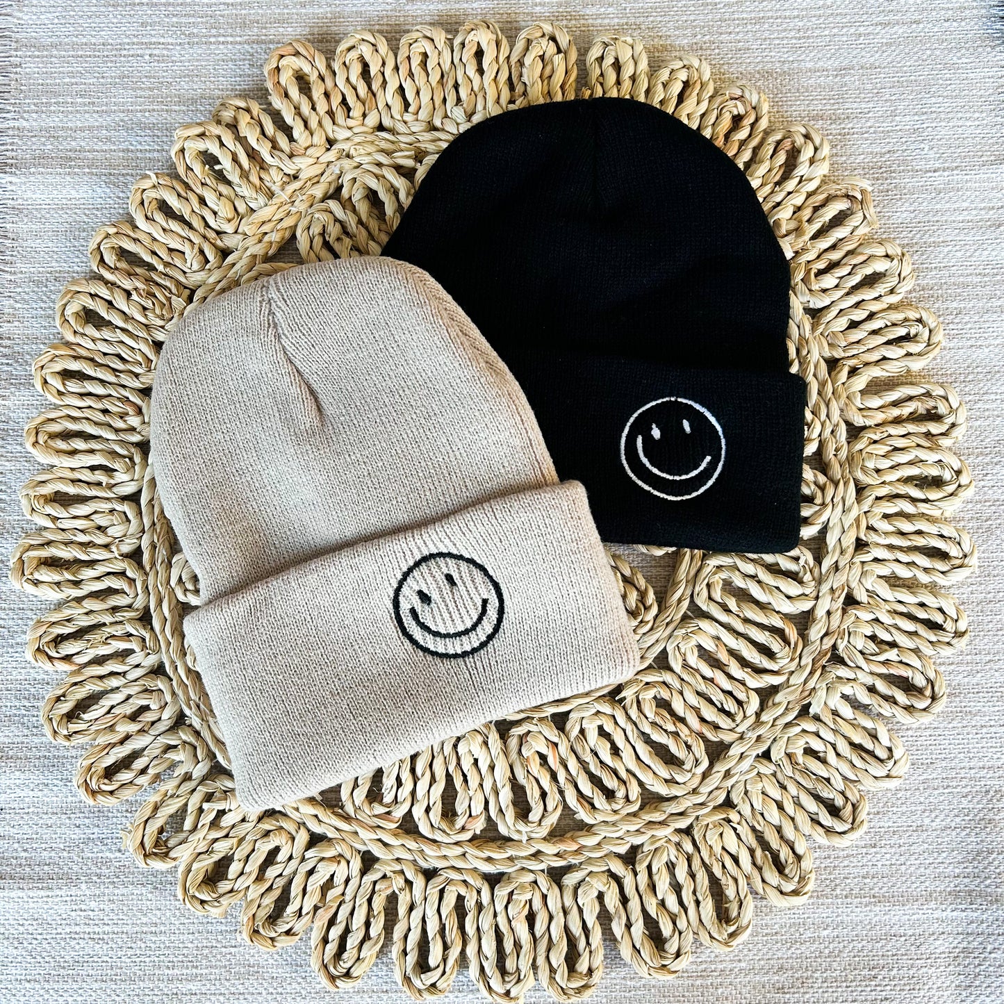 Black or Tan Embroidered Smiley Face Beanie